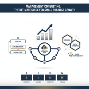 A clean, premium infographic header image for an article titled 'Management Consulting: The Ultimate Guide for Small Business Growth.' The image features a modern vector design depicting a structured workflow diagram with directional arrows, a rising business growth chart, and interconnected digital marketing frameworks. The color palette is deep navy, charcoal, and white with metallic accents, conveying professionalism, efficiency, and growth.
