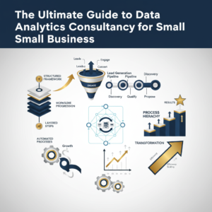A clean, premium infographic header image for an article on data analytics consultancy for small businesses. It features abstract, non-human elements like interconnected data points, ascending growth charts, structured workflow diagrams, and directional arrows, rendered in deep navy, charcoal, white, and metallic silver accents, symbolizing efficient data utilization for business growth and automation.
