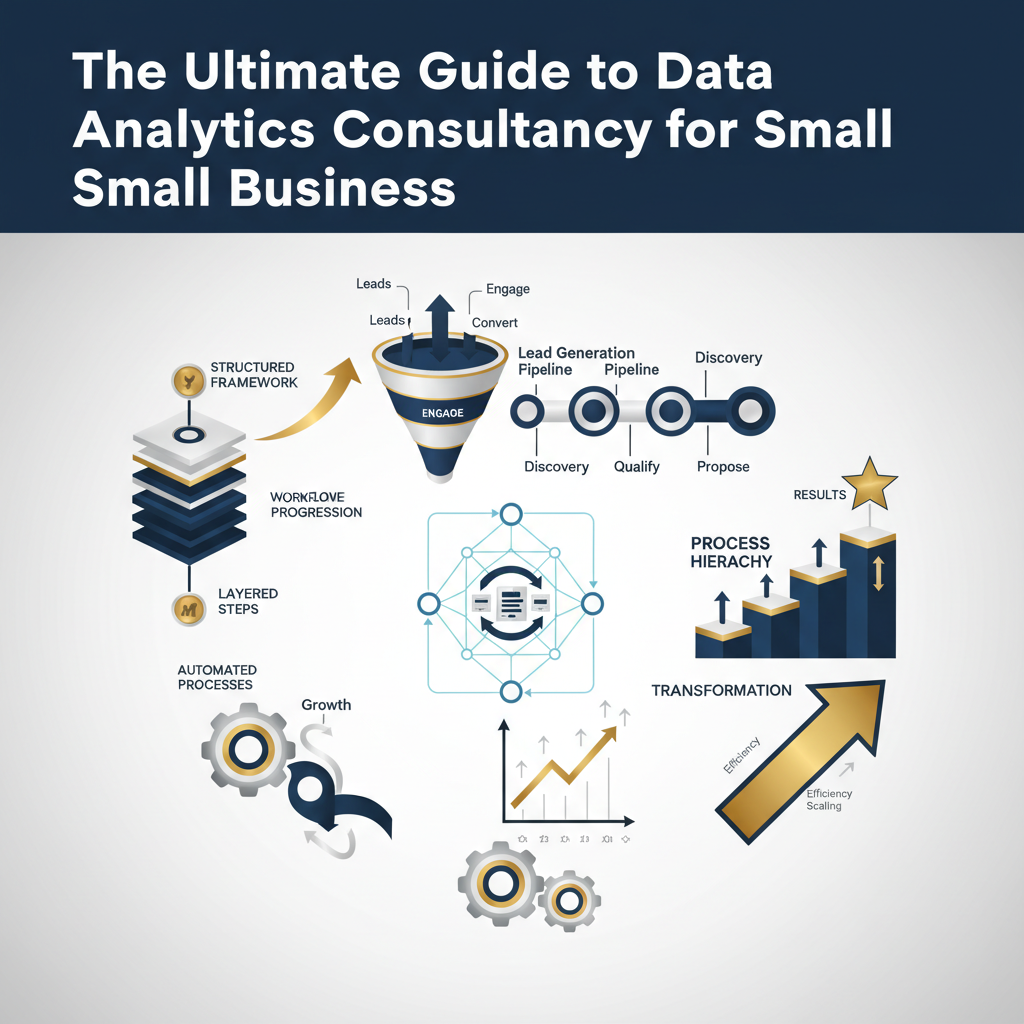 A clean, premium infographic header image for an article on data analytics consultancy for small businesses. It features abstract, non-human elements like interconnected data points, ascending growth charts, structured workflow diagrams, and directional arrows, rendered in deep navy, charcoal, white, and metallic silver accents, symbolizing efficient data utilization for business growth and automation.