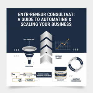 A clean, premium infographic-style header image featuring abstract representations of business automation and scaling. The visual includes interconnected workflow diagrams, ascending growth charts, sales funnels, and layered digital marketing frameworks, all depicted with modern, vector-based geometric shapes, subtle gradients, and metallic silver and gold accents. The color palette is deep navy, charcoal, and white. The composition is minimalist with ample negative space, emphasizing efficiency, progression, and professional business solutions, without any human figures or photography.