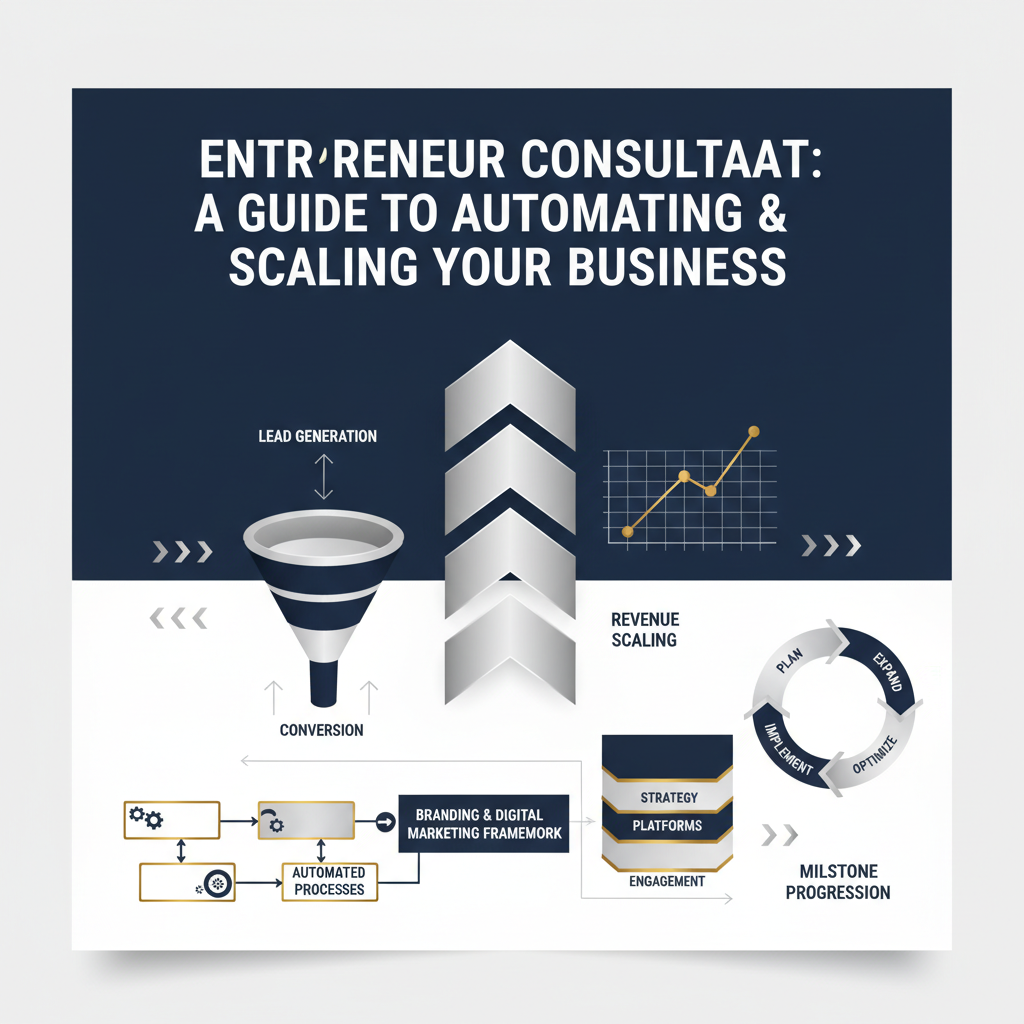 A clean, premium infographic-style header image featuring abstract representations of business automation and scaling. The visual includes interconnected workflow diagrams, ascending growth charts, sales funnels, and layered digital marketing frameworks, all depicted with modern, vector-based geometric shapes, subtle gradients, and metallic silver and gold accents. The color palette is deep navy, charcoal, and white. The composition is minimalist with ample negative space, emphasizing efficiency, progression, and professional business solutions, without any human figures or photography.