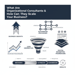 A clean, premium infographic-style header image for an article about organizational consultants. The image features abstract, non-human elements representing business growth, automation, and online entrepreneurship, such as interconnected workflow diagrams, ascending growth charts, and structured marketing frameworks, rendered in a modern vector style with deep navy, charcoal, white, and metallic accents.