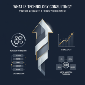 A clean, premium infographic-style header image illustrating technology consulting for business automation and growth. It features interconnected abstract elements like workflow diagrams, ascending growth charts, sales funnels, and digital marketing framework icons with directional arrows. The color palette is deep navy, charcoal, and white with metallic silver or gold accents, conveying professionalism and efficiency. No people are present.