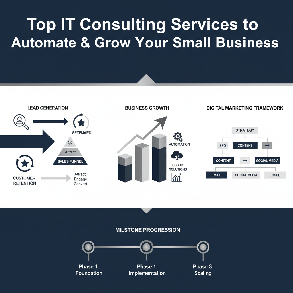 A clean, premium infographic-style header image representing business automation and growth through IT consulting services. The visual features abstract, data-driven elements like workflow diagrams, ascending growth charts, sales funnels, and interconnected digital marketing frameworks. Rendered in a modern, vector-based, minimalist style with clean geometric shapes, subtle gradients, and metallic accents in a color palette of deep navy, charcoal, white, and silver or gold highlights. No people are present; the focus is on professional business processes and technological efficiency.