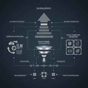 A conceptual, data-driven, infographic-style header image for an article titled 'Startup Consulting: A Founder's Guide to Accelerating Growth.' The image features modern, vector-based geometric shapes in deep navy, charcoal, and white with metallic silver/gold accents, illustrating business growth, automation workflows, lead generation funnels, and digital marketing frameworks through interconnected diagrams and ascending charts. No people are present, emphasizing process and abstract business concepts.