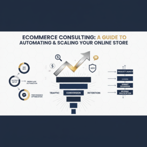 A modern, premium infographic featuring abstract, non-human elements representing ecommerce consulting, automation, and business scaling. It includes interconnected workflow diagrams, ascending growth charts, and sales funnels, all in a deep navy, charcoal, white, and metallic silver color palette, emphasizing efficiency and professional growth for online stores.
