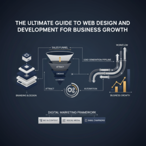 A modern, premium infographic header image depicting business growth and web development concepts. It features clean vector-based elements like interconnected flowcharts, ascending growth charts, sales funnels, and stylized website/social media icons, all with metallic accents. The color scheme is deep navy, charcoal, and white, conveying professionalism. The design emphasizes automated processes, efficiency, and digital marketing strategies for business expansion.
