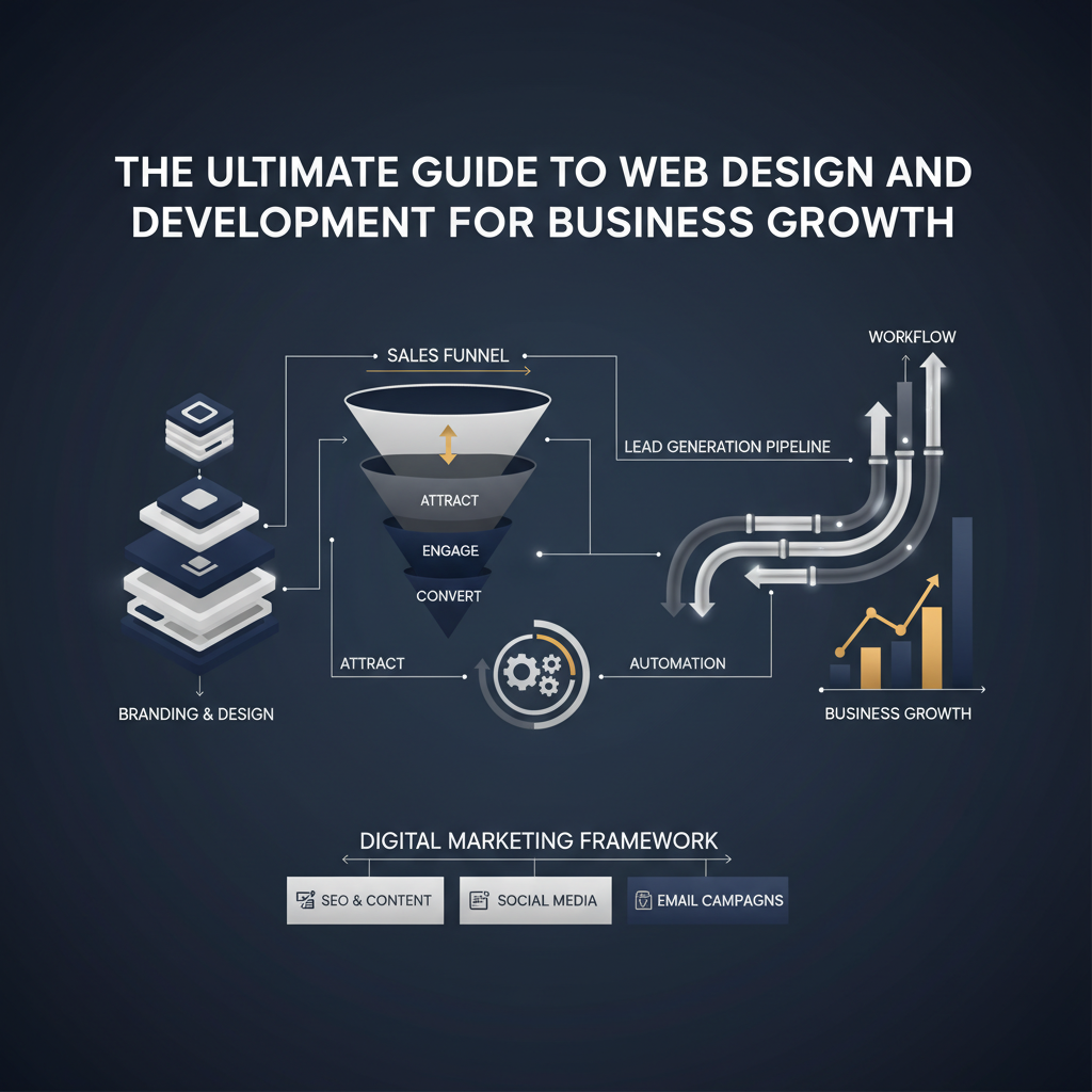 A modern, premium infographic header image depicting business growth and web development concepts. It features clean vector-based elements like interconnected flowcharts, ascending growth charts, sales funnels, and stylized website/social media icons, all with metallic accents. The color scheme is deep navy, charcoal, and white, conveying professionalism. The design emphasizes automated processes, efficiency, and digital marketing strategies for business expansion.