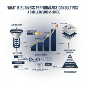 A modern, premium infographic header image for an article titled 'What is Business Performance Consulting? A Small Business Guide'. It features a complex but clean visualization of business growth, automation, and online entrepreneurship, composed of interconnected abstract elements like workflow diagrams, ascending growth charts, sales funnels, and digital marketing frameworks. The design uses geometric shapes, deep navy, charcoal, white, and metallic silver/gold highlights. There are no people in the image.