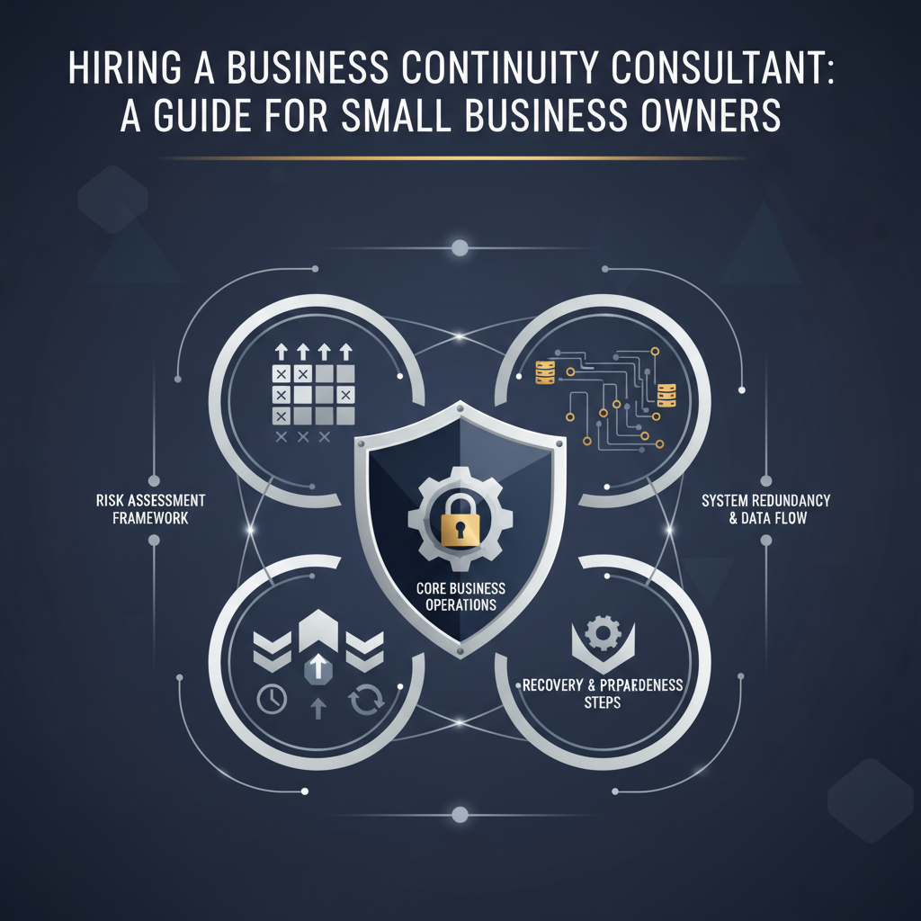 A modern, premium infographic illustration for an article on business continuity. The image features interconnected geometric shapes in deep navy, charcoal, and white, with metallic silver accents. It depicts a structured framework of processes, including elements like data flow, protective barriers, and recovery pathways, symbolizing risk mitigation and resilience for small business operations.