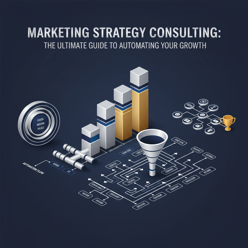 A modern, premium infographic-style header image for an article on marketing strategy consulting and automated growth. The visual features interconnected conceptual diagrams, flowcharts, ascending growth charts, and sales funnels, rendered with clean geometric shapes, subtle gradients, and metallic accents in a color palette of deep navy, charcoal, white, and metallic silver/gold highlights. It conveys automation, efficiency, and strategic business scaling for entrepreneurs, without human figures.