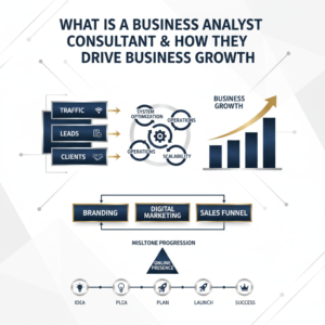 A modern, premium infographic-style image depicting business growth, automation, and online entrepreneurship using abstract shapes, workflow diagrams, upward-trending charts, and interconnected digital elements. Features a deep navy, charcoal, and white color palette with metallic silver highlights, emphasizing efficiency and strategic progress for small businesses. No people are present.