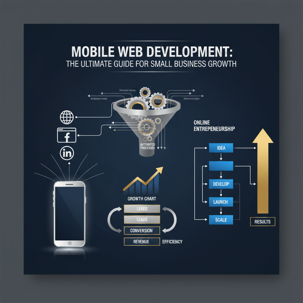 A modern, premium infographic-style image for an article on 'Mobile Web Development: The Ultimate Guide for Small Business Growth'. The image features abstract, data-driven elements like layered website and social media icons, connection diagrams, workflow processes, and ascending sales funnels, all rendered in a minimalist vector style. The color palette is deep navy, charcoal, and white with metallic silver or gold accents, conveying professionalism and business growth. No people are present.
