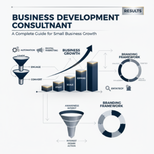A modern vector infographic header for a business article, featuring abstract representations of business growth, automation workflows, and digital marketing pipelines with clean geometric shapes and directional arrows. The color palette is deep navy, charcoal, white, and metallic accents, conveying professionalism and premium quality.
