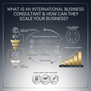 A premium, infographic-style header image depicting abstract concepts of international business consulting and global scaling. It features a modern, vector-based design with workflow diagrams, ascending growth charts, sales funnels, and interconnected digital marketing frameworks, all emphasizing automation and efficient cross-border operations. The color palette includes deep navy, charcoal, white, and metallic accents, conveying professionalism and growth, without any human figures.