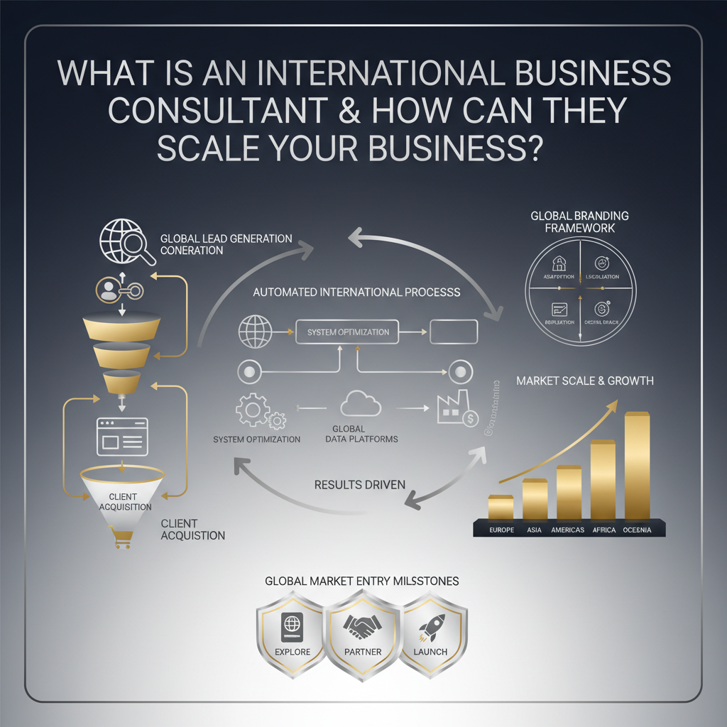 A premium, infographic-style header image depicting abstract concepts of international business consulting and global scaling. It features a modern, vector-based design with workflow diagrams, ascending growth charts, sales funnels, and interconnected digital marketing frameworks, all emphasizing automation and efficient cross-border operations. The color palette includes deep navy, charcoal, white, and metallic accents, conveying professionalism and growth, without any human figures.