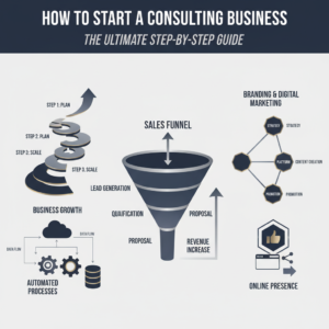 A premium infographic-style header image for a business article about starting a consulting business. It depicts abstract, non-human elements like interconnected workflow diagrams, ascending growth charts, multi-stage sales funnels, and structured branding frameworks. The visual uses modern, vector-based geometric shapes, subtle gradients, and metallic silver or gold accents against a deep navy, charcoal, and white color scheme. The overall design is clean, minimalist, and conveys professionalism, efficiency, and structured business growth, with ample negative space for clarity.