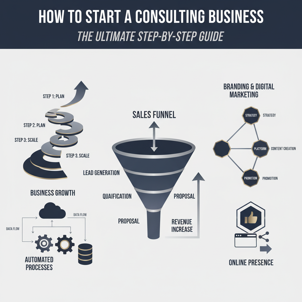 A premium infographic-style header image for a business article about starting a consulting business. It depicts abstract, non-human elements like interconnected workflow diagrams, ascending growth charts, multi-stage sales funnels, and structured branding frameworks. The visual uses modern, vector-based geometric shapes, subtle gradients, and metallic silver or gold accents against a deep navy, charcoal, and white color scheme. The overall design is clean, minimalist, and conveys professionalism, efficiency, and structured business growth, with ample negative space for clarity.