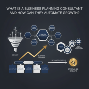 A premium, infographic-style header image illustrating the concepts of business planning, automation, and growth. It features interconnected abstract shapes, workflow diagrams, a rising growth chart, and elements representing sales funnels and digital marketing, all in a modern, professional style with a deep navy, charcoal, white, and metallic color scheme. The visual emphasizes efficiency, structured processes, and measurable results for business owners.