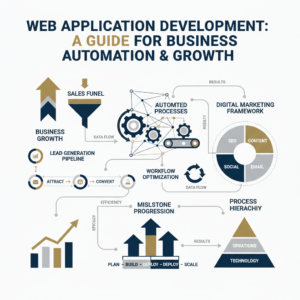 A premium infographic-style header image titled 'Web Application Development: A Guide for Business Automation & Growth'. The image visually represents business automation and growth through interconnected geometric shapes, flowing workflow diagrams, ascending growth charts, and directional arrows. The design is modern and minimalist, featuring a color palette of deep navy, charcoal, and white with subtle metallic silver accents. It conveys a sense of streamlined processes, efficiency, and professional business expansion without any human elements.