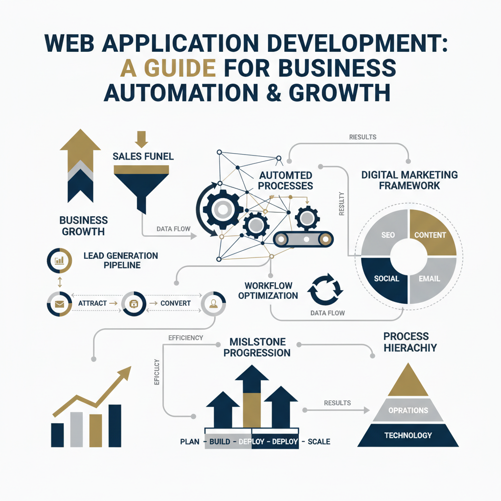 A premium infographic-style header image titled 'Web Application Development: A Guide for Business Automation & Growth'. The image visually represents business automation and growth through interconnected geometric shapes, flowing workflow diagrams, ascending growth charts, and directional arrows. The design is modern and minimalist, featuring a color palette of deep navy, charcoal, and white with subtle metallic silver accents. It conveys a sense of streamlined processes, efficiency, and professional business expansion without any human elements.
