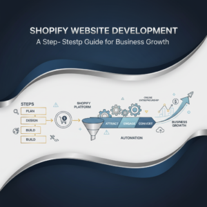 A premium, minimalist infographic depicting the step-by-step process of Shopify website development and business growth, featuring interconnected workflow diagrams, ascending growth charts, and layered digital elements in deep navy, charcoal, white, and metallic accents. No people are present.