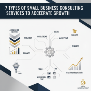 A premium, minimalist infographic header for an article on '7 Types of Small Business Consulting Services'. It features abstract, interconnected visual metaphors for business growth, automation, and online presence, including ascending charts, workflow diagrams, and sales funnels. Designed with clean geometric shapes, subtle gradients, and metallic accents in a palette of deep navy, charcoal, and white to convey professionalism and efficiency. No human figures are depicted.