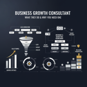 A premium, minimalist infographic header image for an article titled 'Business Growth Consultant: What They Do & Why You Need One'. The image conceptually illustrates business growth, automation, and online entrepreneurship using abstract, non-human elements. It features clean vector graphics of interconnected workflow diagrams, ascending growth charts, sales funnels, and digital marketing frameworks, all rendered in deep navy, charcoal, and white with metallic silver or gold accents. The design emphasizes efficiency, strategy, and measurable results, with ample negative space and clear geometric shapes, conveying professionalism and sophistication.