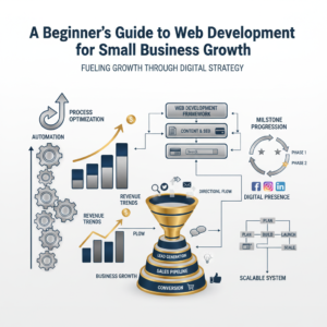 A premium, minimalist infographic-style illustration for 'A Beginner's Guide to Web Development for Small Business Growth.' The image features interconnected workflow diagrams, ascending growth charts, and layered website and social media icons, symbolizing business automation and online presence. Rendered in a modern, vector style with clean geometric shapes, subtle gradients, and metallic silver and gold accents, against a deep navy, charcoal, and white color palette. No people are present, emphasizing a professional, data-driven approach to digital strategy.