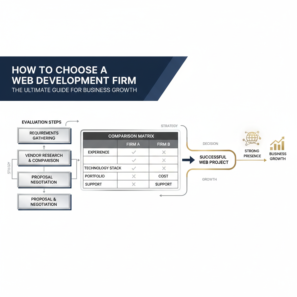 A premium, minimalist infographic-style image. The visual depicts a structured, multi-step process or decision tree for choosing a web development firm, leading to successful online business growth. Features geometric shapes, subtle gradients, and metallic accents in deep navy, charcoal, white, and silver, without any human figures. Designed for an article on 'How to Choose a Web Development Firm'.