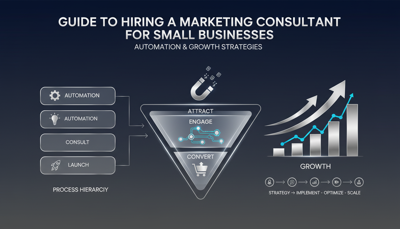 A premium, minimalist infographic-style visualization of business automation and growth strategies. The image features a stylized sales funnel, workflow diagrams, and growth charts in a professional deep navy and metallic silver color palette, representing sophisticated marketing systems for small businesses.