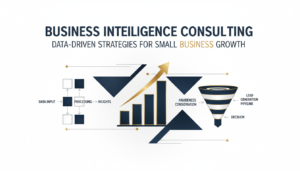A professional and minimalist vector infographic representing business intelligence strategies, featuring ascending growth charts, automated workflow diagrams, and data-driven pipelines in a premium navy and gold color scheme.