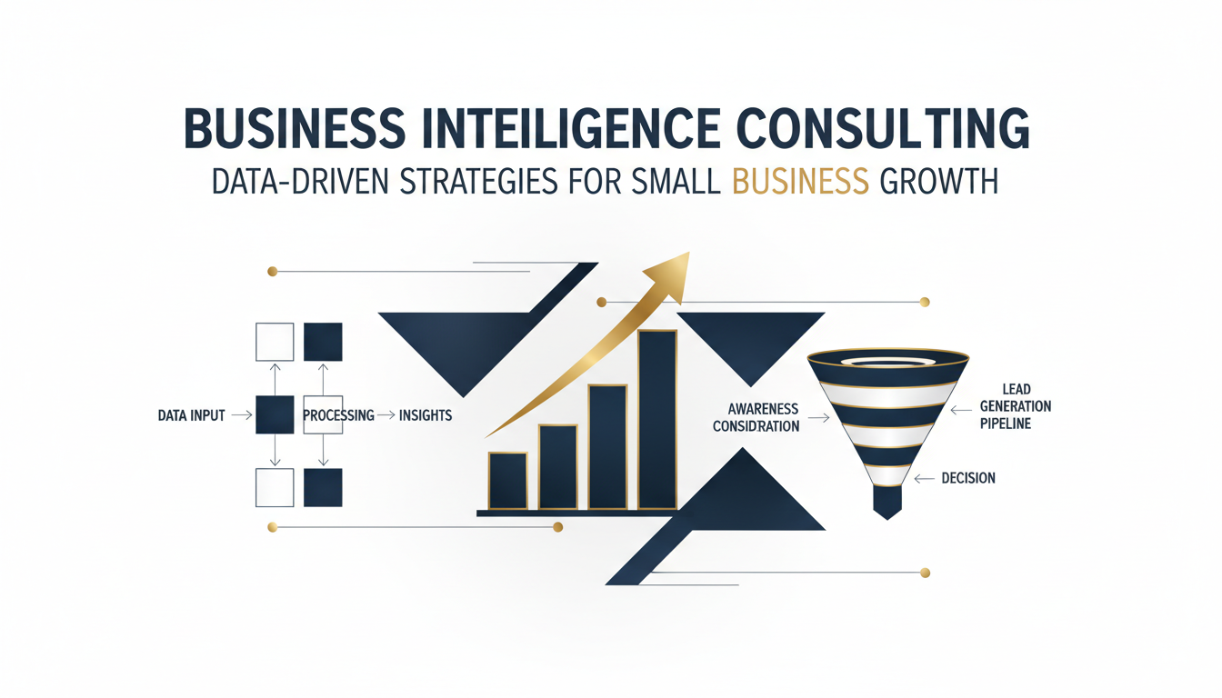 A professional and minimalist vector infographic representing business intelligence strategies, featuring ascending growth charts, automated workflow diagrams, and data-driven pipelines in a premium navy and gold color scheme.