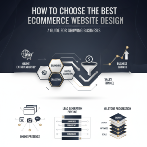 A professional, premium infographic for an article titled 'How to Choose the Best Ecommerce Website Design: A Guide for Growing Businesses'. The image features modern, vector-based illustrations of interconnected website elements, business growth charts, and a sales funnel, conveying structured processes, efficiency, and automation. The color palette consists of deep navy, charcoal, and white, accented with metallic silver or gold, reflecting a professional and confident business advisory tone.