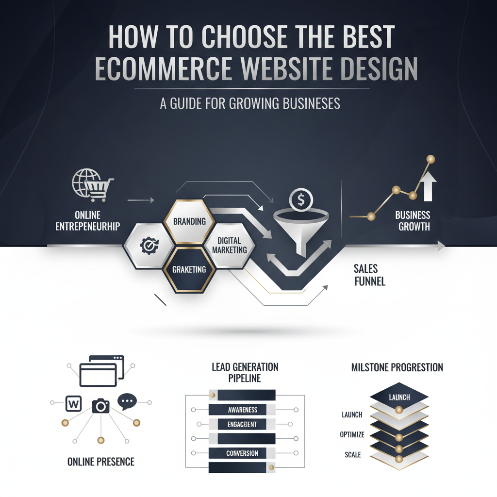 A professional, premium infographic for an article titled 'How to Choose the Best Ecommerce Website Design: A Guide for Growing Businesses'. The image features modern, vector-based illustrations of interconnected website elements, business growth charts, and a sales funnel, conveying structured processes, efficiency, and automation. The color palette consists of deep navy, charcoal, and white, accented with metallic silver or gold, reflecting a professional and confident business advisory tone.