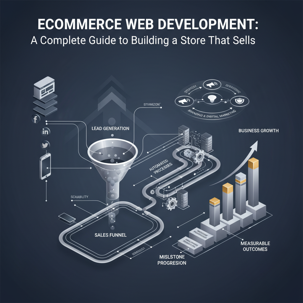 A professional, premium infographic-style image representing strategic ecommerce web development and business growth. It features conceptual elements like interconnected workflow diagrams, ascending growth charts, sales funnels, and layered website icons, rendered in a minimalist vector style with deep navy, charcoal, white, and metallic silver accents, all conveying automation and efficiency for online businesses.
