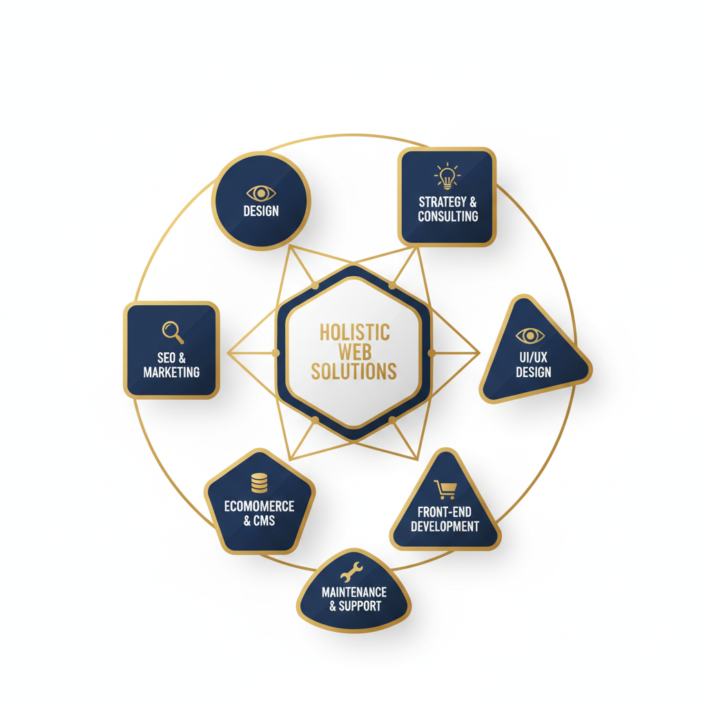 A structured, geometric infographic displaying seven interconnected modules in navy, charcoal, and gold, each representing a key website design and development service for businesses.