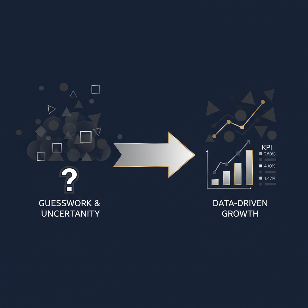 Abstract infographic illustrating the transition from chaotic, unstructured data to clear, actionable insights and business growth, represented by ascending charts and data flow.