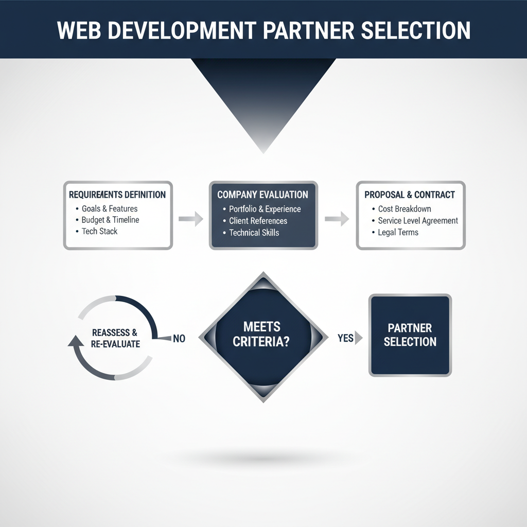 An abstract, geometric flowchart infographic in navy, white, and silver, outlining a clear, step-by-step decision process for selecting the best web development company.