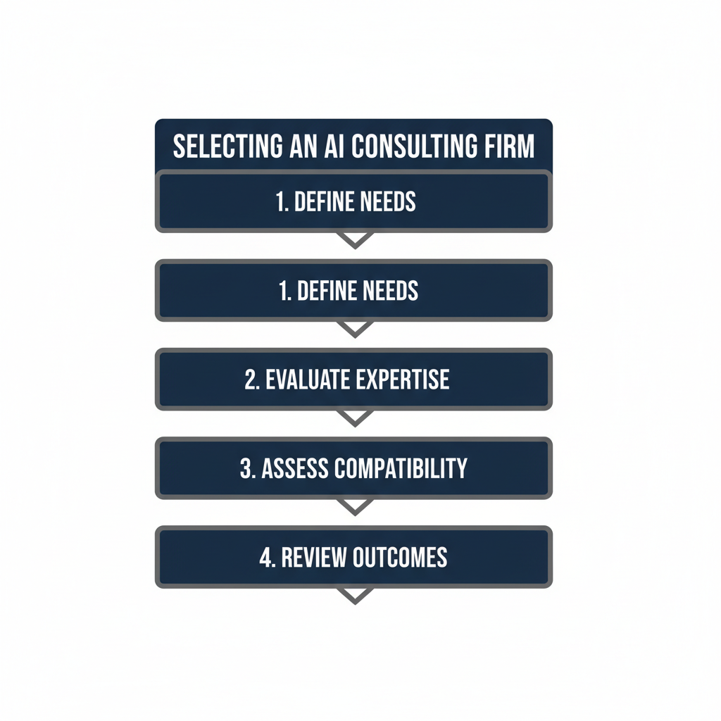 An abstract infographic depicting a structured, step-by-step process for finding the right AI consulting firm, using layered geometric blocks connected by directional arrows.