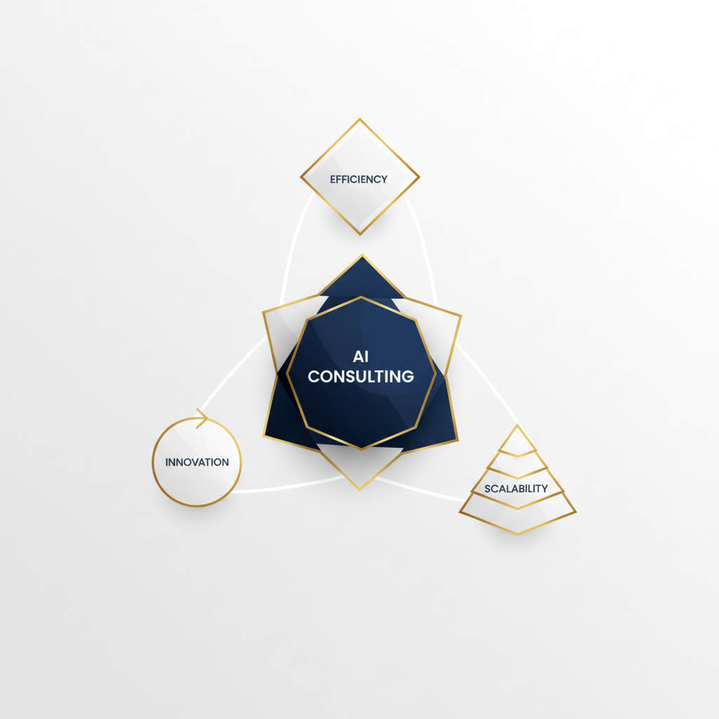 An abstract infographic illustrating AI consulting as a central hub connected to key business benefits like efficiency, innovation, and scalability, using geometric shapes and lines.