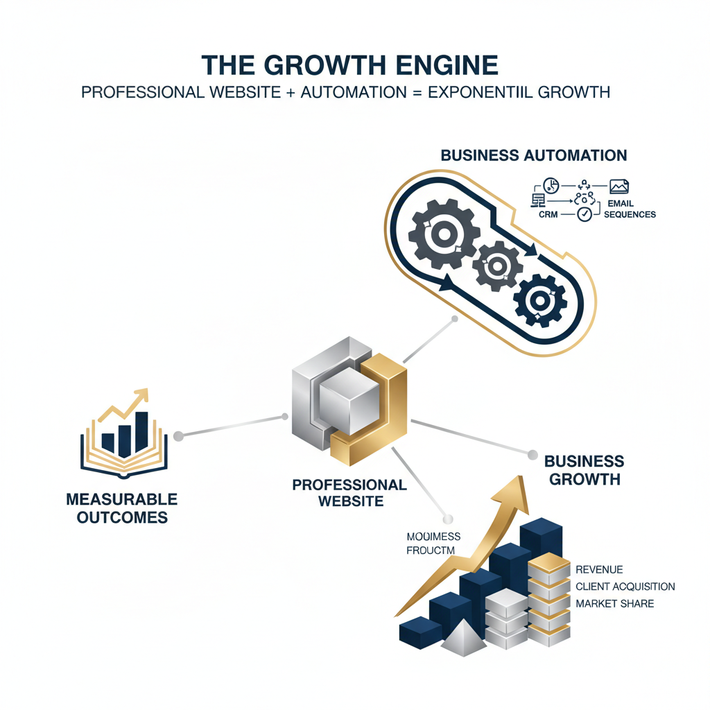 An abstract infographic showing a central professional website icon with radiating lines connecting to sophisticated automated workflow diagrams and upward-trending business growth charts, all designed with minimalist geometric shapes and a navy, white, charcoal, and silver/gold color scheme.