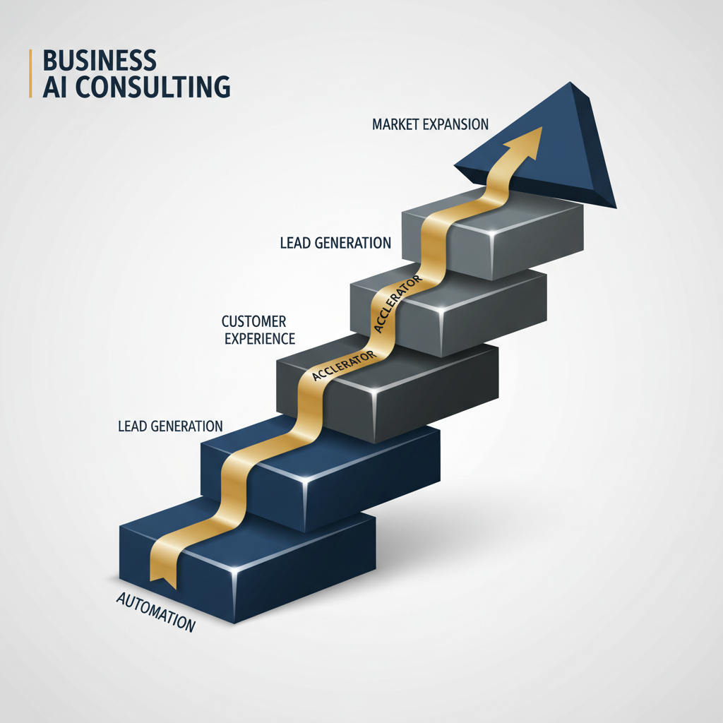 An abstract infographic showing an ascending, multi-stage growth chart with layered geometric segments, representing accelerated small business growth through AI consulting, highlighted with silver and gold.