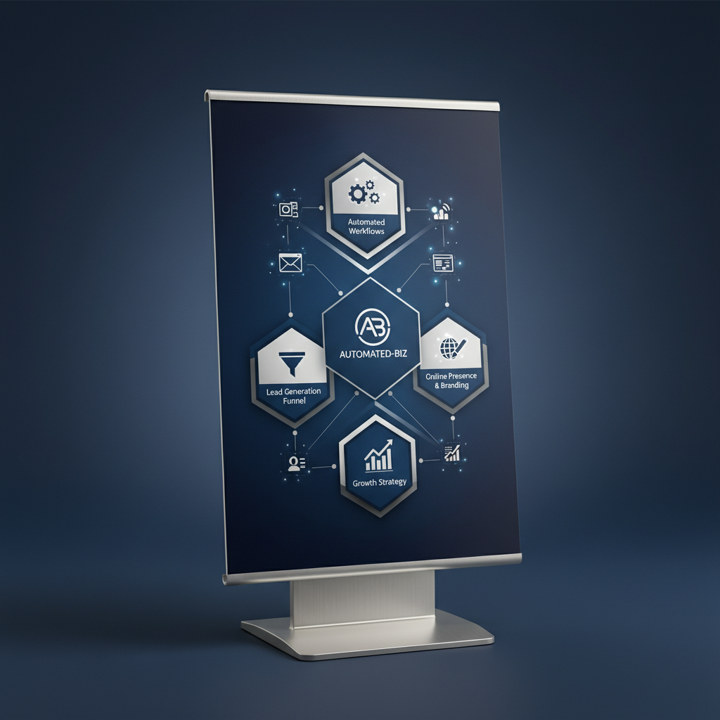 An infographic demonstrating how Automated-Biz offers digital entrepreneur consulting through an integrated system of automated workflows, lead generation, and online branding.