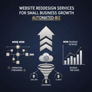 An infographic header image illustrating business growth and automation through interconnected vector shapes, flowcharts, and ascending graphs, using a premium navy, charcoal, and metallic color palette. It visually represents website redesign services leading to streamlined operations and increased sales for small businesses.
