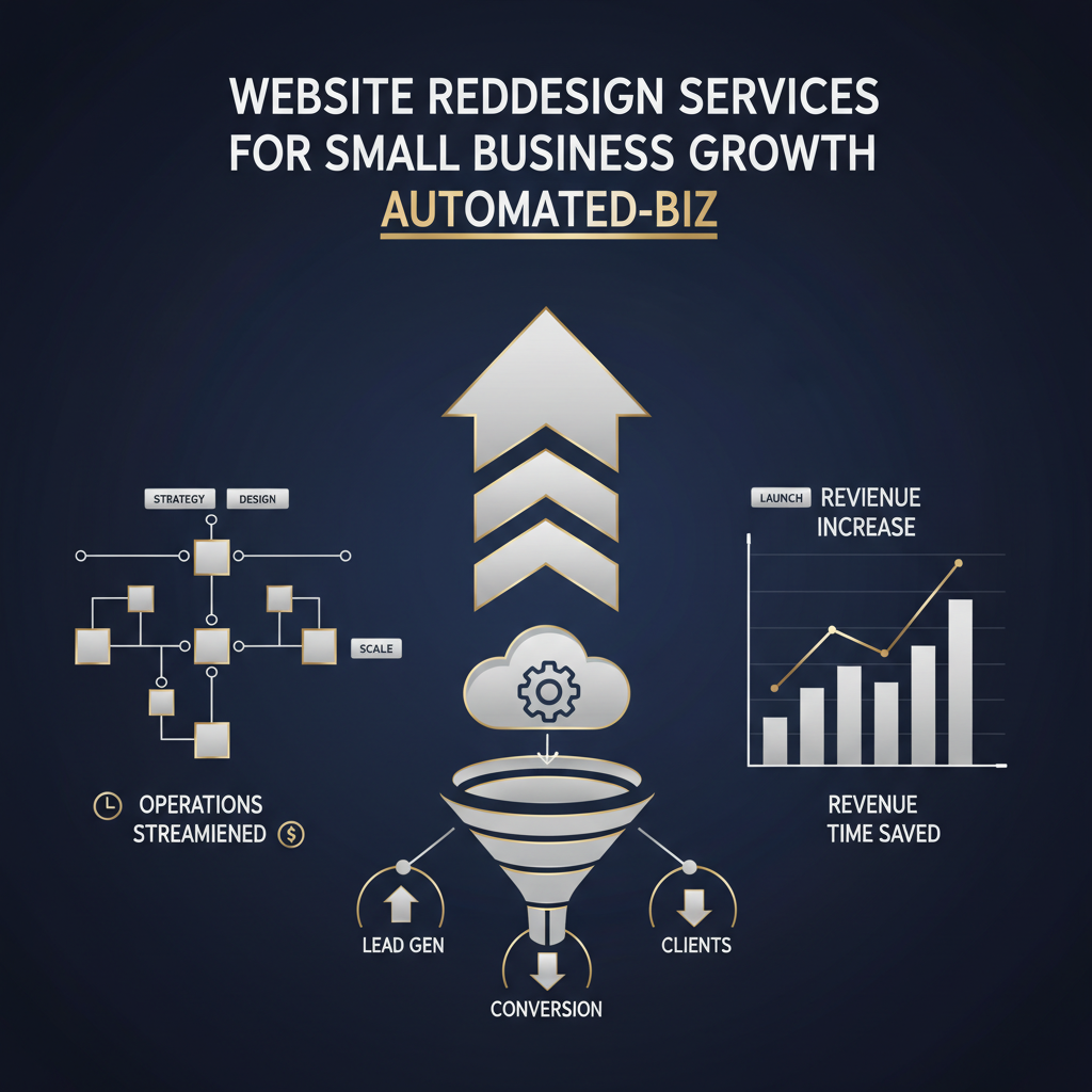 An infographic header image illustrating business growth and automation through interconnected vector shapes, flowcharts, and ascending graphs, using a premium navy, charcoal, and metallic color palette. It visually represents website redesign services leading to streamlined operations and increased sales for small businesses.