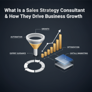 An infographic header image illustrating business growth and automation. It features a modern, conceptual design with geometric shapes, showing interconnected workflow diagrams, an ascending sales funnel, and layered digital marketing icons. The color palette is professional with deep navy, charcoal, white, and metallic accents, suggesting efficiency and strategic business development.