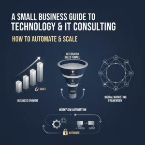 An infographic illustrating business automation and growth, featuring interconnected workflow diagrams, ascending charts, and digital marketing elements in a minimalist style with a navy, charcoal, and metallic color scheme.