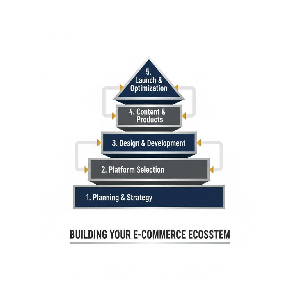 An infographic presenting a step-by-step, layered process diagram for building an ecommerce website, using abstract geometric shapes.