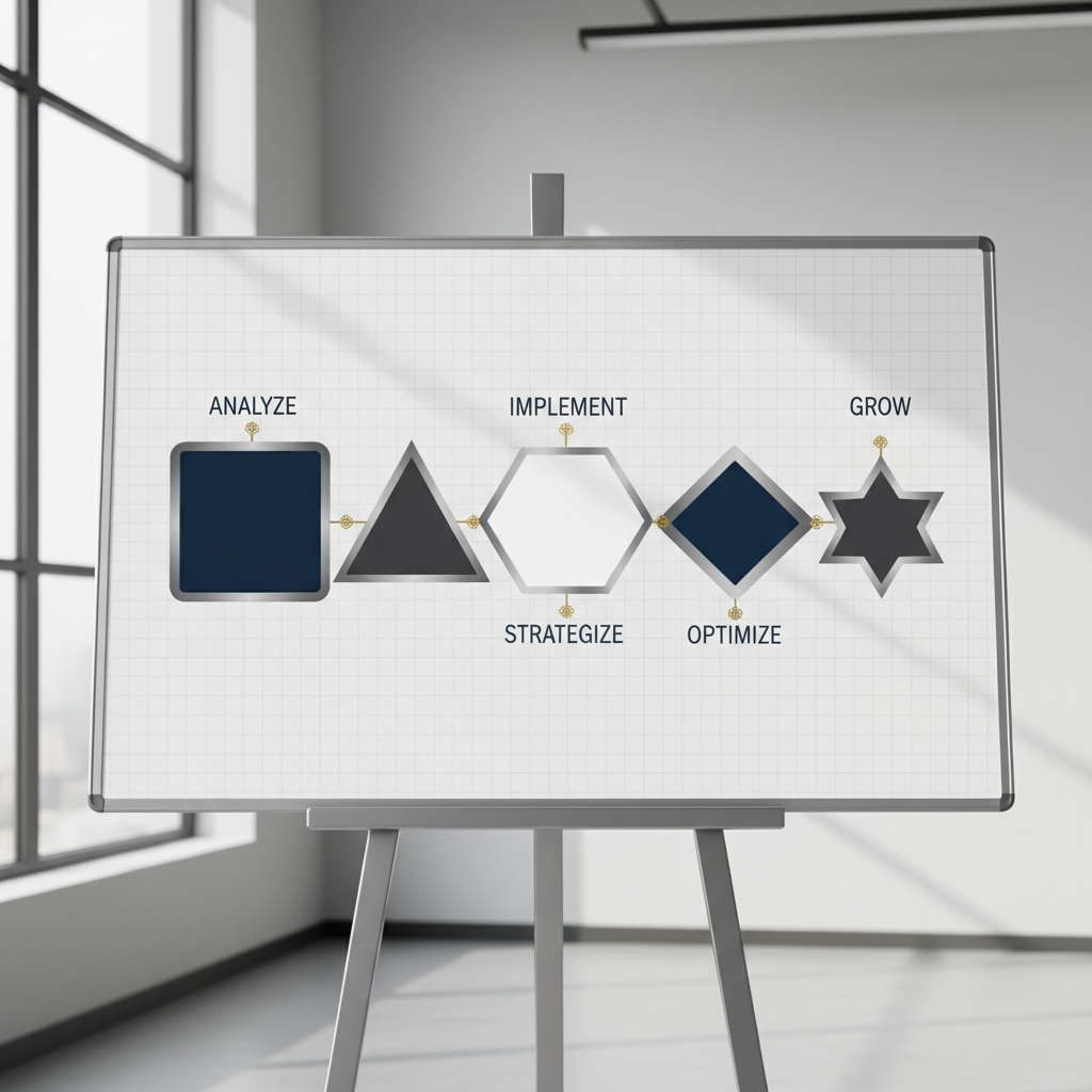 An infographic showing a 5-step horizontal process flow with ascending geometric shapes, representing a strategic business guide.